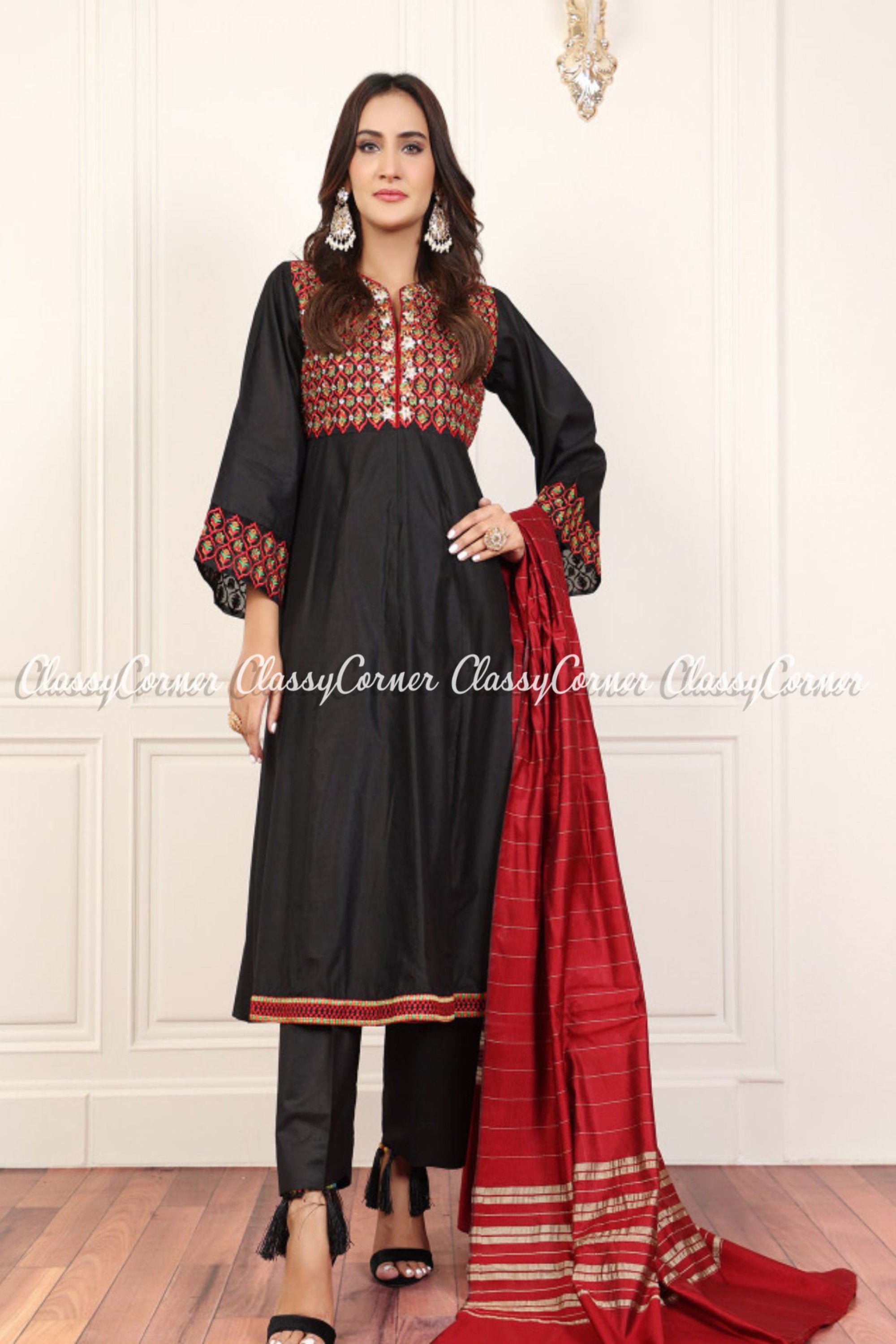 Black Viscose Silk Stitched Zari Embroidered Suit Set | Kailee Begum-41246  | Cilory.com